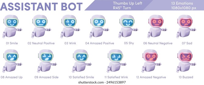 Lindo Bot De Asistencia Amistoso - Pulgares Hacia Arriba Mano Izquierda - Vista Derecha (45° De Vuelta) - Rango De Emociones (Sonrisa, Neutral, Guiño, Asombrado, Tímido, Triste, Negativo, Asombrado, Satisfecho, Zumbado)