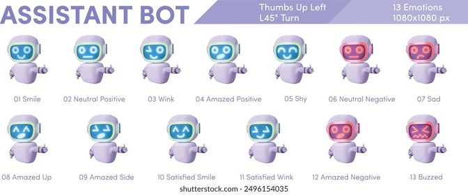 Cute Friendly Assistance Bot - Thumbs Up Left Hand - Left View (45° Turn) - Emotions Range (Smile, Neutral, Wink, Amazed, Shy, Sad, Negative, Amazed, Satisfied, Buzzed)