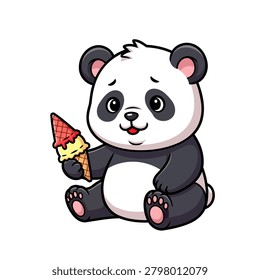 A cute and friendly baby panda with black eyes and pink paws. The hand holding the red and yellow ice cream cone is holding it upside down, looking confused. Flat vector mascot design
