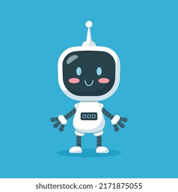 Cute friendly baby robot standing flat cartoon vector illustration isolated on blue background. Artificial intelligence assistant and robot helper cartoon character.