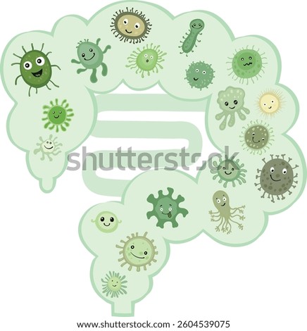 cute and friendly bacteria inside the human intestine, representing the gut microbiome