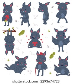 Cute friendly bat activities set. Halloween symbol. Funny mascot character cartoon vector illustration
