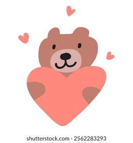 A cute friendly bear holds a heart. Valentine's Day design. Vector illustration.
