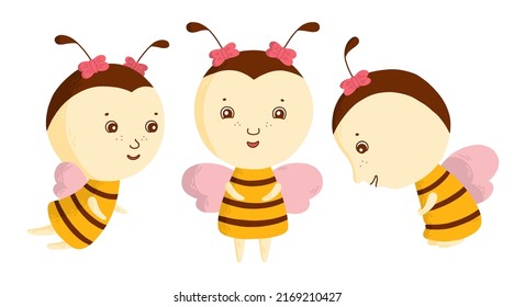 Cute friendly bee in 3 poses. Cartoon happy bee. Insect character. Vector children illustration.