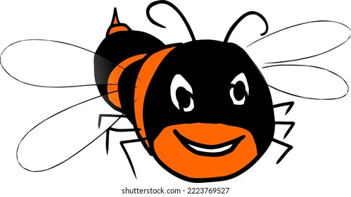 Cute friendly bee. Cartoon happy flying bee with big kind eyes. Insect character. Vector isolated on white