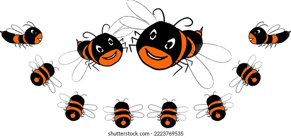 Cute friendly bee. Cartoon happy flying bee with big kind eyes. Insect character. Vector isolated on white