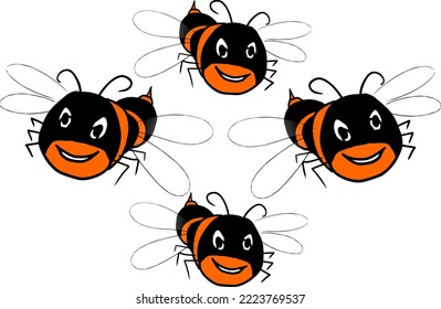 Cute friendly bee. Cartoon happy flying bee with big kind eyes. Insect character. Vector isolated on white