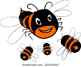 Cute friendly bee. Cartoon happy flying bee with big kind eyes. Insect character. Vector isolated on white