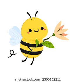 Cute friendly bee. Cartoon happy flying. Insect character. Vector isolated on white background.