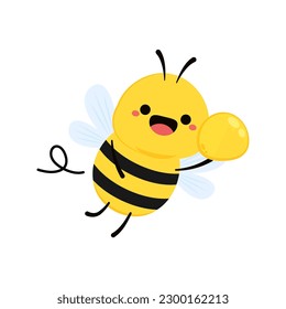 Cute friendly bee. Cartoon happy flying. Insect character. Vector isolated on white background.