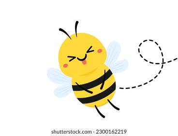 Cute friendly bee. Cartoon happy flying. Insect character. Vector isolated on white background.