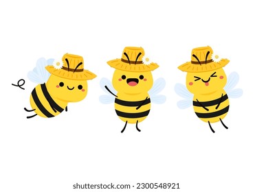 Cute friendly bee. Cartoon happy flying. Insect character. Vector isolated on white background.