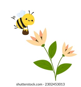 Cute friendly bee. Cartoon happy flying. Insect character. Vector isolated on white background.