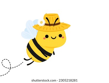 Cute friendly bee. Cartoon happy flying. Insect character. Vector isolated on white background.