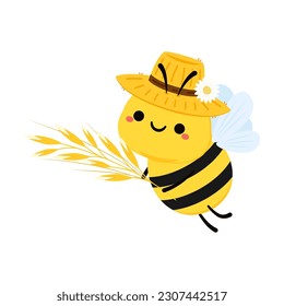 Cute friendly bee. Cartoon happy flying. Insect character. Vector isolated on white background.