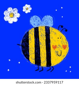 Cute friendly bee. Cartoon happy flying bee with big kind eyes. Insect character. Vector