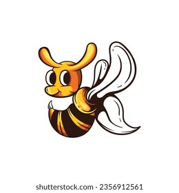 Cute friendly bee. Cartoon happy flying bee with big kind eyes. Insect character. Vector isolated on white