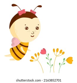 Rutschfreundliche Bienen fliegen zu Blumen. Cartoon glückliche Biene. Insektenzeichen. Vektorgrafik-Kindergrafik.