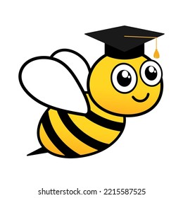 Cute friendly bee in graduate hat. Flying scholar bee with big kind eyes. Insect education character. Vector isolated on white.