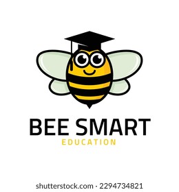 Cute friendly bee in graduate hat. Flying scholar bee with big kind eyes. Insect education character. Vector isolated on white.