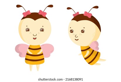 Cute friendly bee in two poses. Cartoon happy bee. Insect character. Vector children illustration.