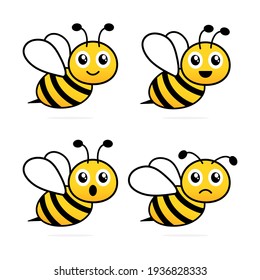 Abejas agradables. Caricatura de abejas voladoras felices con diferentes emociones. Colección de caracteres de insectos. Vector aislado en blanco