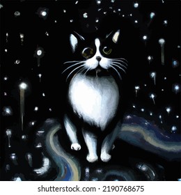 A cute and friendly black cat on a starry background