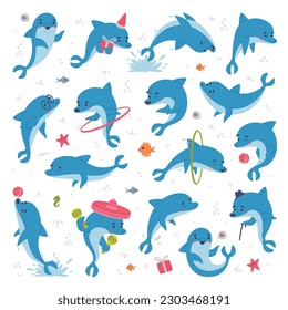 Cute friendly blue dolphins set. Funny happy underwater animals playing and swimming cartoon vector illustration svg
