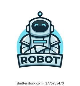cute friendly blue robot mascot logo with crossed arms pose