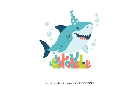 Cute and friendly blue shark wearing a polka dot party hat swimming among colorful coral reefs and bubbles under the sea.