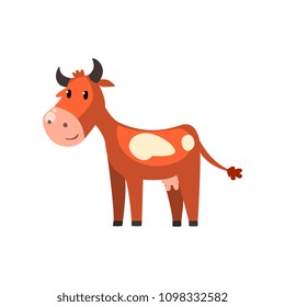 Cute friendly brown spotted cow cartoon character vector Illustration on a white background