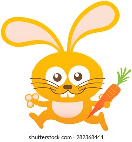 Cute friendly bunny with long ears, big teeth, yellow fur, whiskers and bulging eyes while posing, smiling generously, jumping, running and holding a beautiful orange carrot
