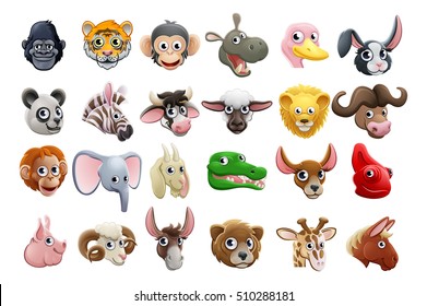 Cute friendly cartoon animal character faces icon set