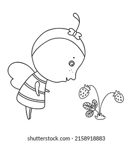 Cute friendly cartoon bee looking at the strawberry. Insect character. Vector outline illustration.