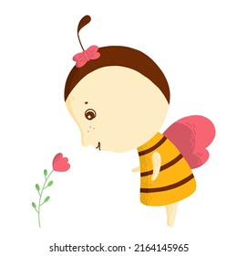 Cute friendly cartoon bee looking to the flower. Insect character. Vector children illustration.