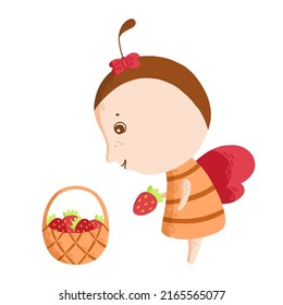 Cute friendly cartoon bee picking strawberry in the basket. Insect character. Vector illustration.