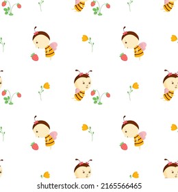 Cute friendly cartoon bee with strawberries and flowers on the vector seamless pattern. Insect character. Children illustration.
