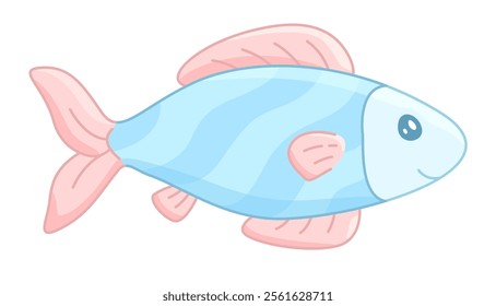 A cute and friendly cartoon blue fish with a big smile and pink fins