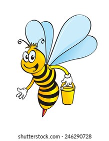 Cute friendly cartoon honey bee with a yellow bucket.