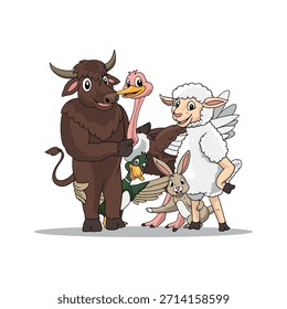 Cute and friendly cartoon illustration featuring a group of farm animal characters including a cow or buffalo, sheep, goose, duck, and rabbit standing together. Playful and cheerful animal design