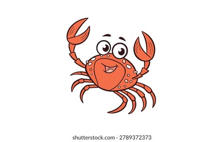 A cute and friendly cartoon red crab with large expressive eyes and claws raised, showing a happy and playful demeanor.