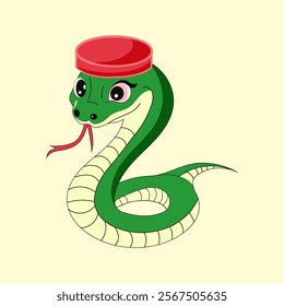 A cute and friendly cartoon snake wearing a red hat. The snake is green with yellow scales and has big, adorable eyes. This illustration is perfect for children's books