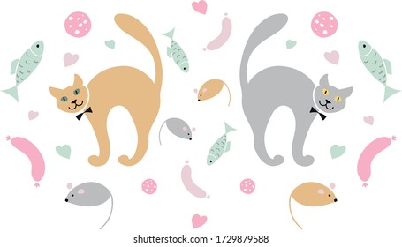 Cute friendly cartoon style cats with bow ties surrounded with hearts, cat toys, food and treats in pastel colors and white background