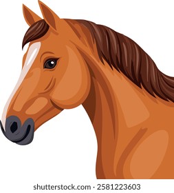 Cute and friendly cartoon-style horse with a soft brown mane and white markings