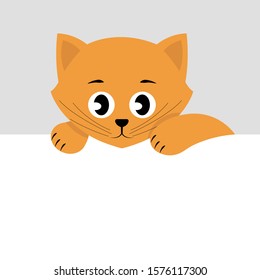 Cute friendly cat or kitten. Funny cartoon character for greeting card, invitation. Vector illustration with copy space