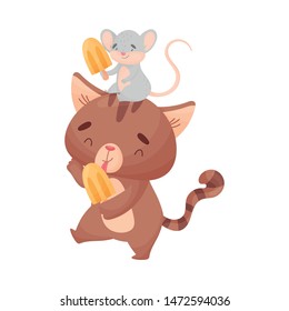 Cute friendly cat and mouse eat ice cream. Vector illustration on white background.