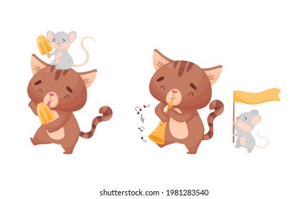 Cute Friendly Cat and Mouse Eating Ice Cream and Playing Trumpet Vector Set