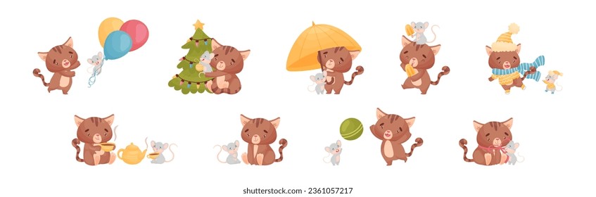 Cute Friendly Cat and Mouse Engaged in Different Activity Vector Set