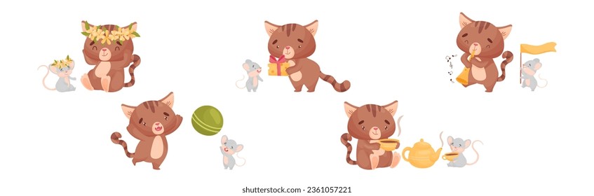 Cute Friendly Cat and Mouse Engaged in Different Activity Vector Set
