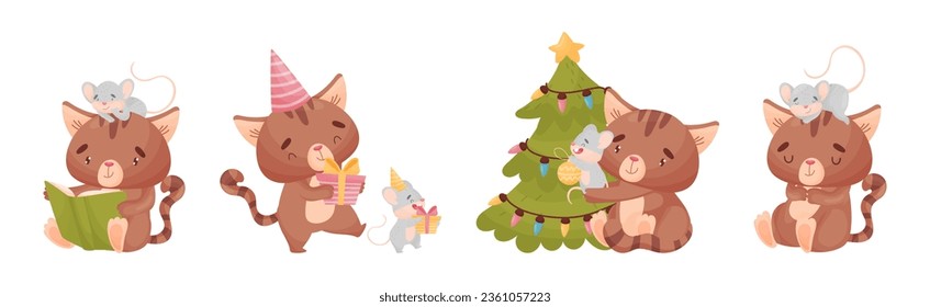 Cute Friendly Cat and Mouse Engaged in Different Activity Vector Set